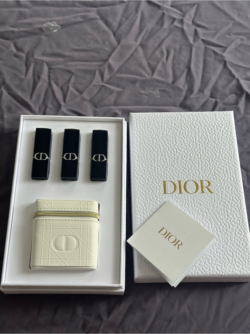 Dior Cream Leather Zip lipstick Case with 3 Mini Lipsticks